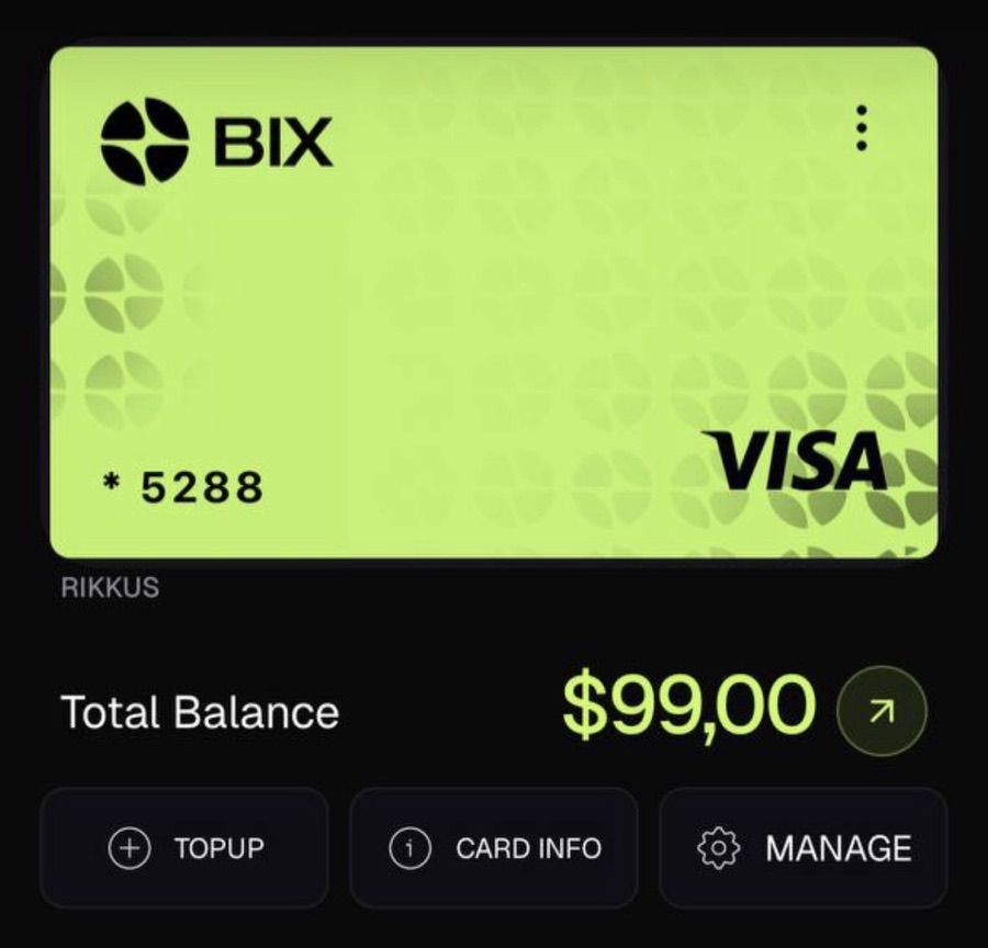 BIX kaart äpis — Visa kaart ja saldo